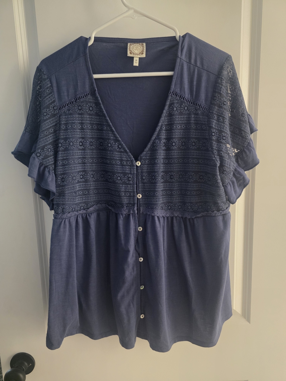 Women's Navy Button-Front Lace Yoke Top